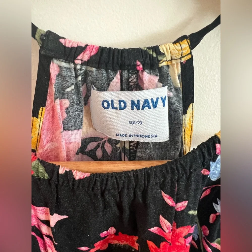 Old Navy Girls Floral Midi Dress | Size S (6–7) | Black Pink Yellow Sleeveless